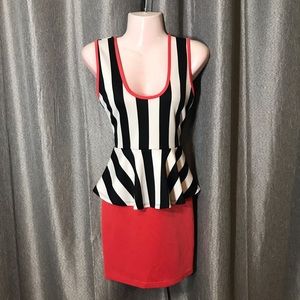 Striped Orange Black White Peplum Sleeveless Dress